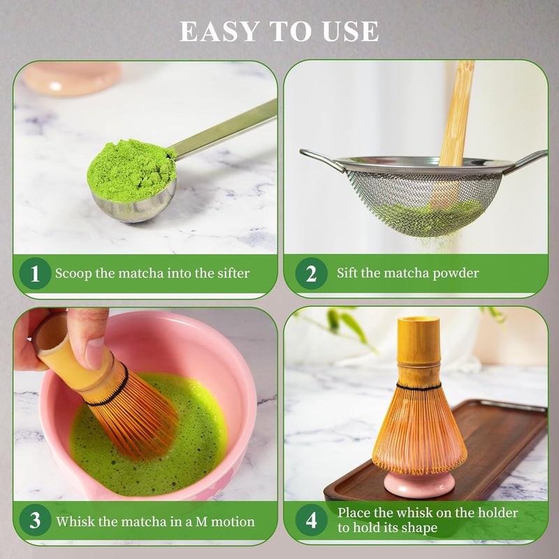 YIBO Matcha Whisk Set Matcha Making Kit Bamboo Chasen Ceramic Whisk Holder Stand Sifter Scoop Japanese Tea Tools (Solid Pink) - Image 5