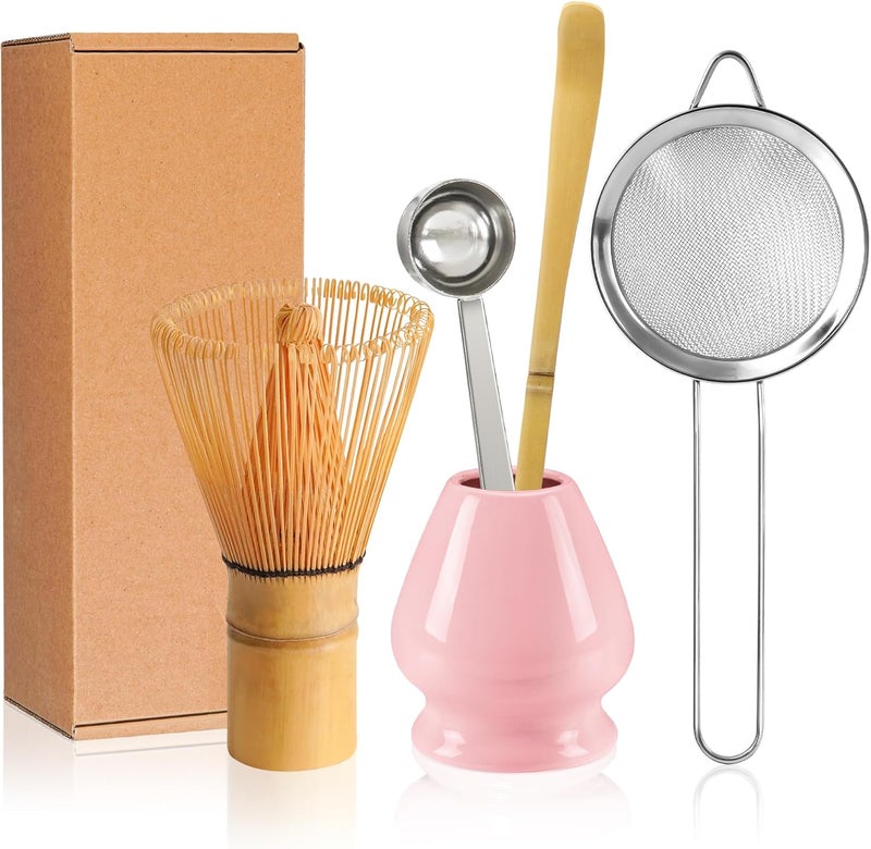 YIBO Matcha Whisk Set Matcha Making Kit Bamboo Chasen Ceramic Whisk Holder Stand Sifter Scoop Japanese Tea Tools (Solid Pink) - Image 1
