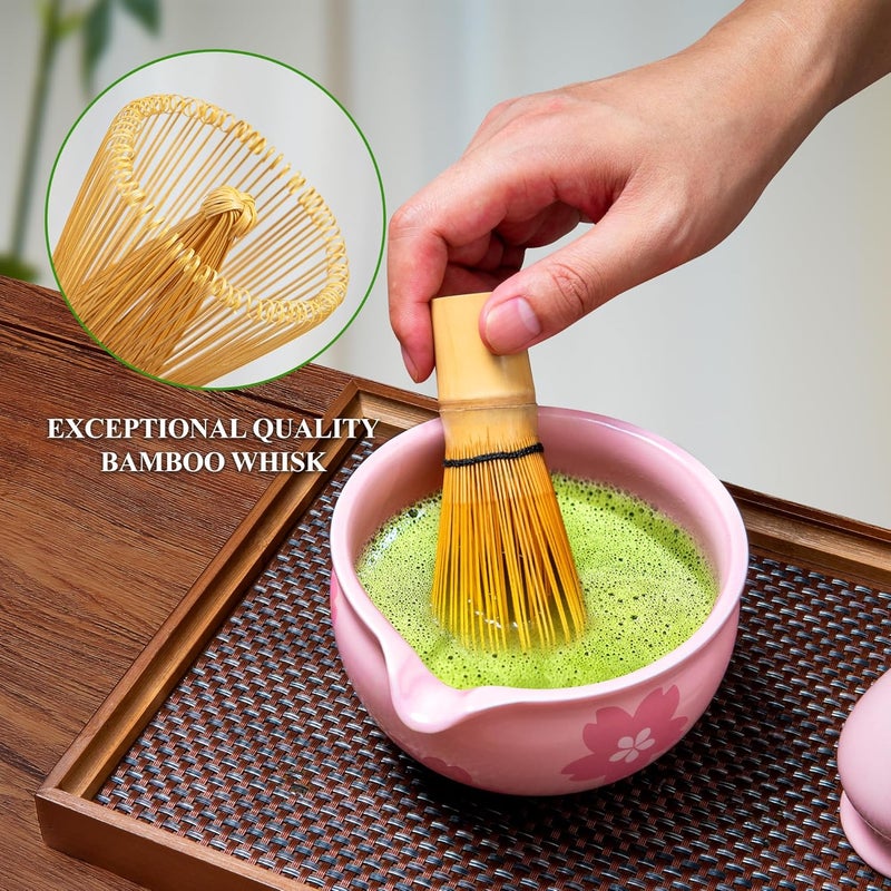 YIBO Matcha Whisk Set Matcha Making Kit Bamboo Chasen Ceramic Whisk Holder Stand Sifter Scoop Japanese Tea Tools (Solid Pink) - Image 4