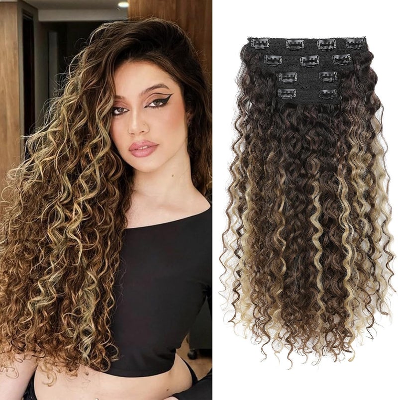 Flufymooz Clip-in Hair Extensions, 4 Pieces, 100% Pure Protein Silk, Long Soft Natural, 20 Inch Curly, Chestnut Brown Mixed Blonde - Image 1