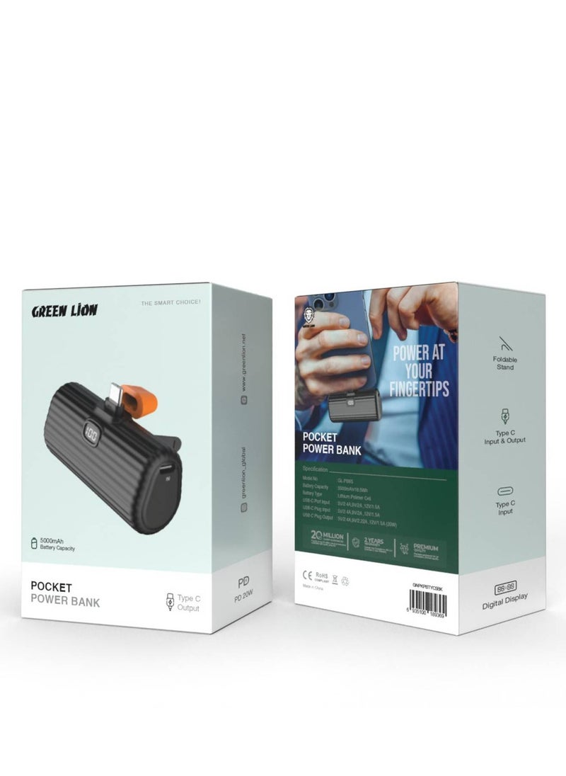 GREEN LION - Green Lion Pocket Mini Power Bank With Type-C Connector, 5000mAh, Foldable Stand, Digital Display, Compatible With iPhone 16/15, Samsung, Huawei & All USB C Devices  - Black - Image 1
