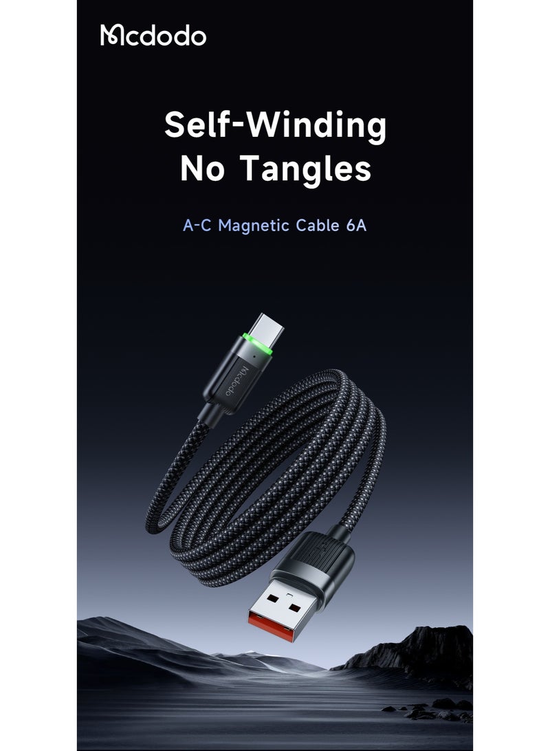 Mcdodo Magnetic Self-Winding USB-A to USB-C Cable 6A 1.2m – Fast Charging Type-C Data Sync Cable for Android Phones, Samsung Galaxy, Power Bank, Tablet – Black - Image 2