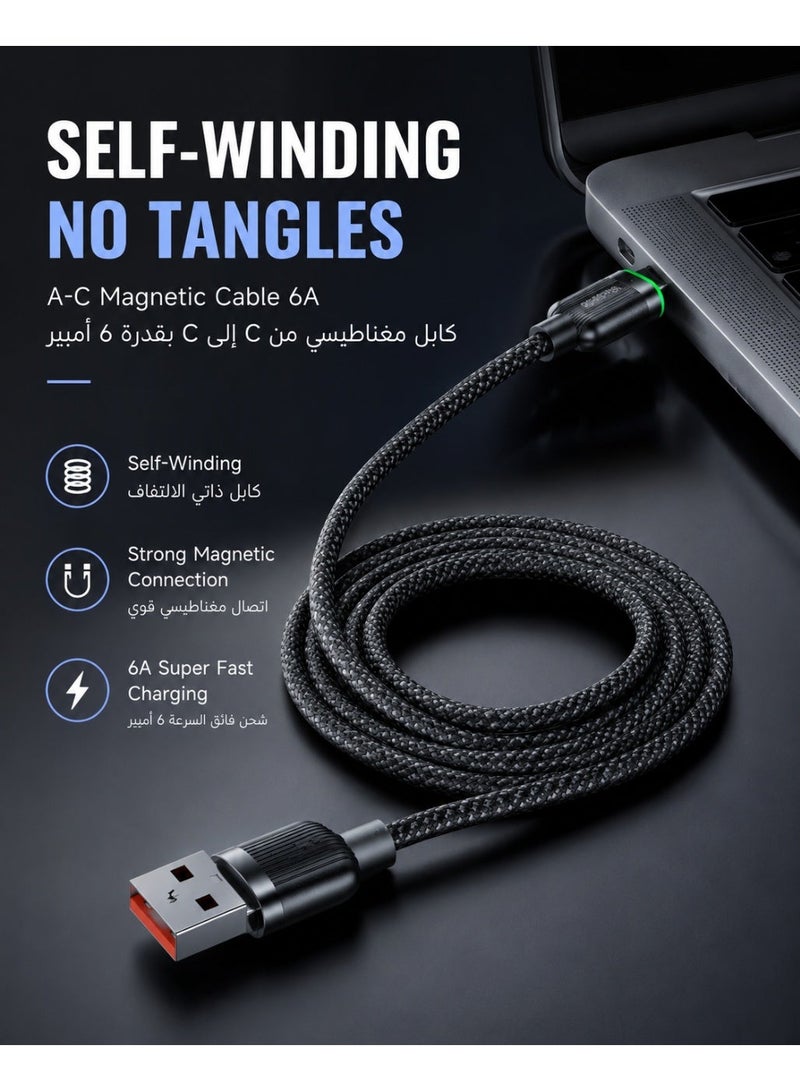 Mcdodo Magnetic Self-Winding USB-A to USB-C Cable 6A 1.2m – Fast Charging Type-C Data Sync Cable for Android Phones, Samsung Galaxy, Power Bank, Tablet – Black - Image 4