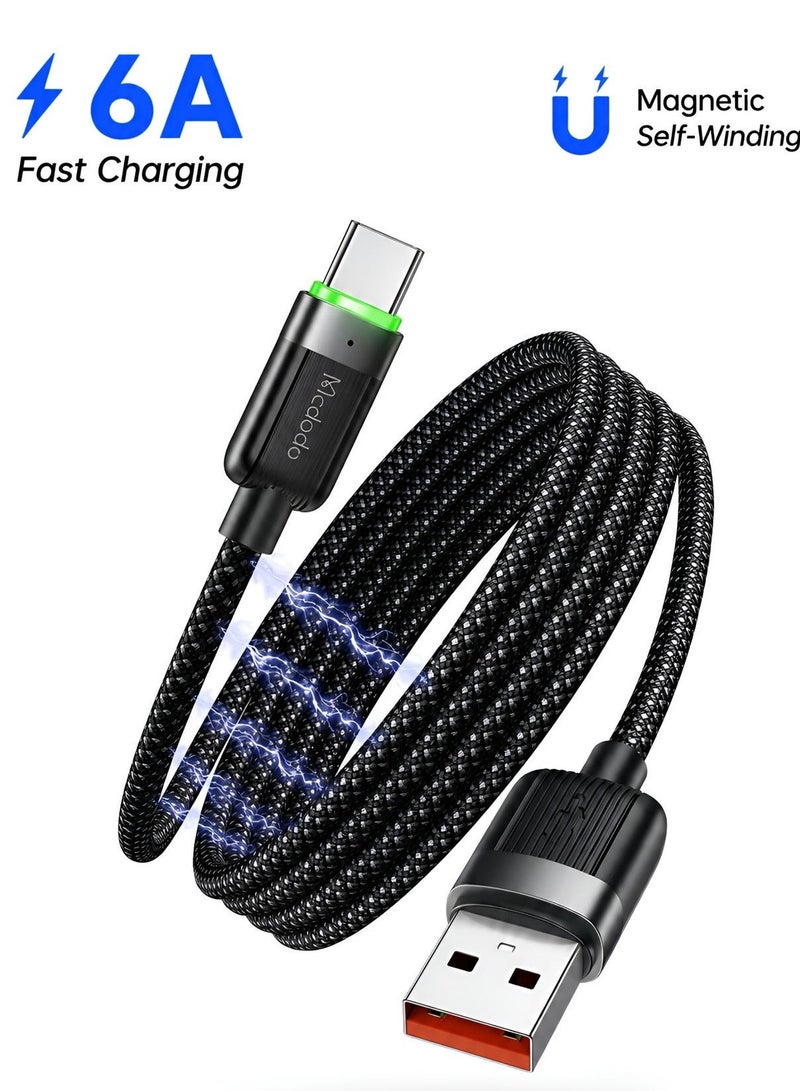 Mcdodo Magnetic Self-Winding USB-A to USB-C Cable 6A 1.2m – Fast Charging Type-C Data Sync Cable for Android Phones, Samsung Galaxy, Power Bank, Tablet – Black - Image 1