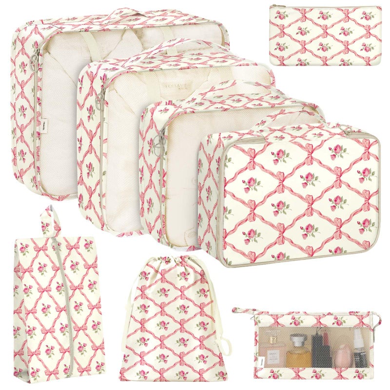 KPX 8 Set Packing Cubes for Travel, Luggage Packing Organizers Accessories Large Toiletries Bag for Clothes Shoes Cosmetics (8Set-Flower & Bow) - Image 1