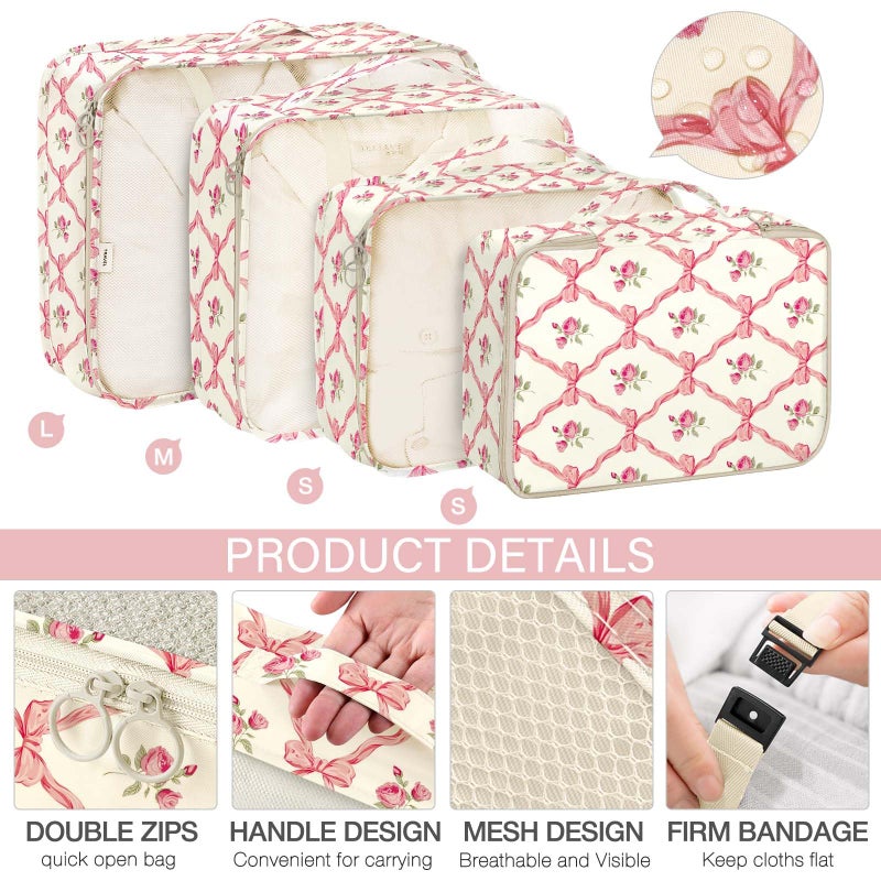KPX 8 Set Packing Cubes for Travel, Luggage Packing Organizers Accessories Large Toiletries Bag for Clothes Shoes Cosmetics (8Set-Flower & Bow) - Image 3