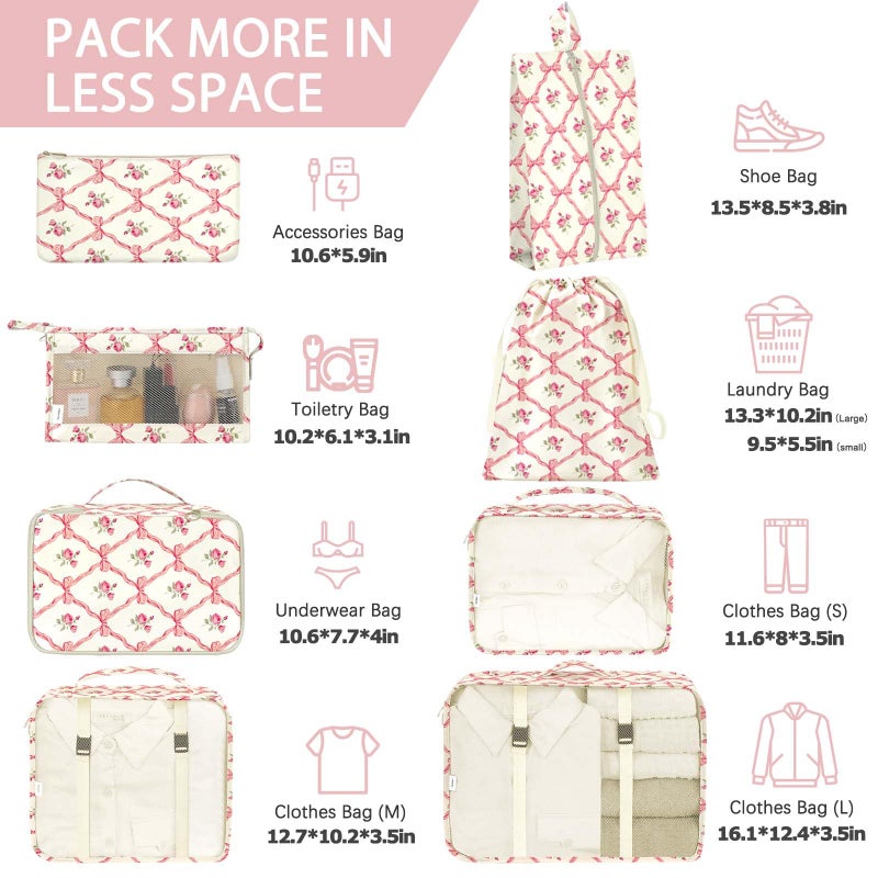 KPX 8 Set Packing Cubes for Travel, Luggage Packing Organizers Accessories Large Toiletries Bag for Clothes Shoes Cosmetics (8Set-Flower & Bow) - Image 2