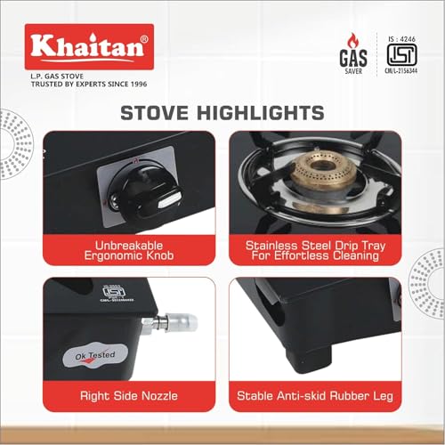 Khaitan خايتان 3 موقد جيو بلاك توغنيد جلاس | موقد غاز طبيعي LPG مع إشعال يدوي | تصميم مريح | مجموعة موقد غاز - موفر للغاز مع حامل بلون فضي فاخر (3B جيو و 2 مجموعة موفر للغاز) - Image 3