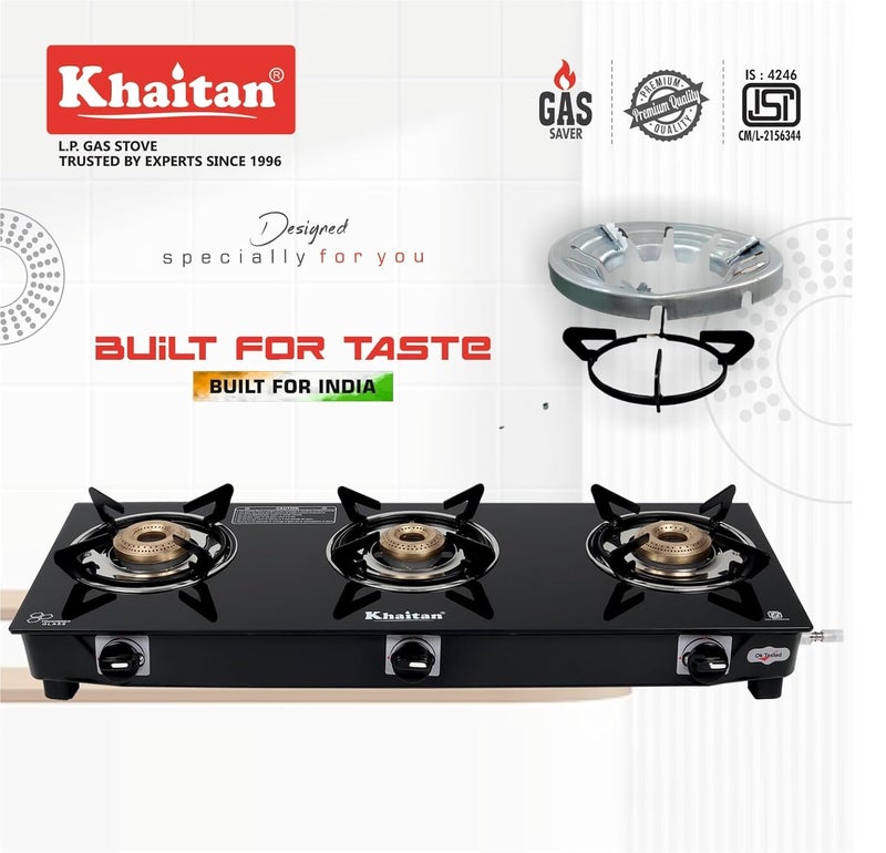 Khaitan خايتان 3 موقد جيو بلاك توغنيد جلاس | موقد غاز طبيعي LPG مع إشعال يدوي | تصميم مريح | مجموعة موقد غاز - موفر للغاز مع حامل بلون فضي فاخر (3B جيو و 2 مجموعة موفر للغاز) - Image 2