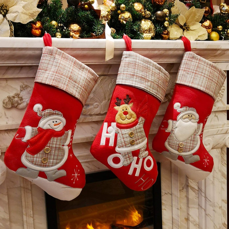 WEWILL Lovely Christmas Stockings Set of 3 Santa Snowman Reindeer Xmas Character 3D Plush Linen Hanging Tag Knit Border for Family Kids