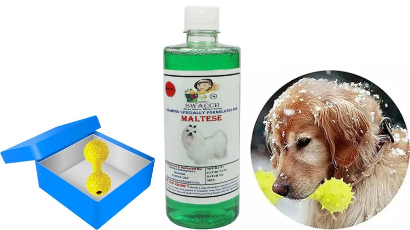swacch Maltese Dog Shampoo + Dumbbell Toy I Durable Rubber Dog Toy for Chewing I Playing,Teeth Cleaning & Training Toy I Combo Pack I 500ml Neem Alovera - Image 1