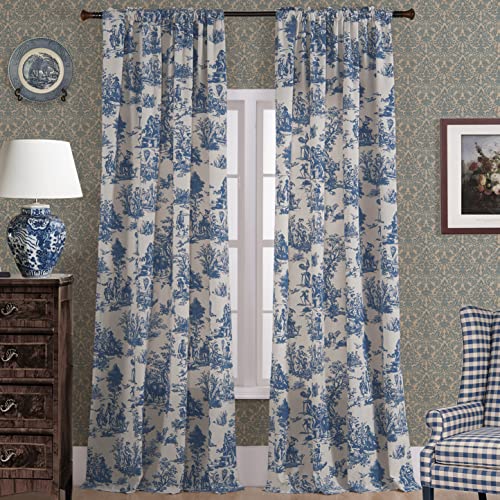 Royal Blue Curtains 108 Inches Long for Living RoomSpring Nautical French Country Toile de Jouy Vintage Floral Pattern Print 108L Drapes Light Filtering Patio Door Curtain for Sliding DoorWhite Blue
