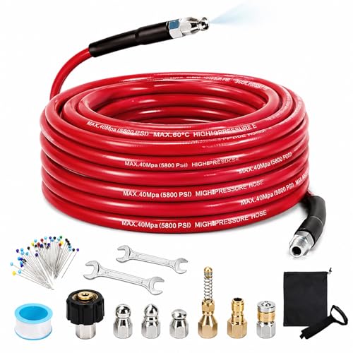 SEPLY Sewer Jetter Kit for Pressure Washer 50FT 5800 PSI Drain Cleaner Hose with 14 NPT Corner Rotating and Button Hose Sewer Jetting Nozzle Waterproof Tape Pearl Corsage Pin Spanner Glove - Image 1