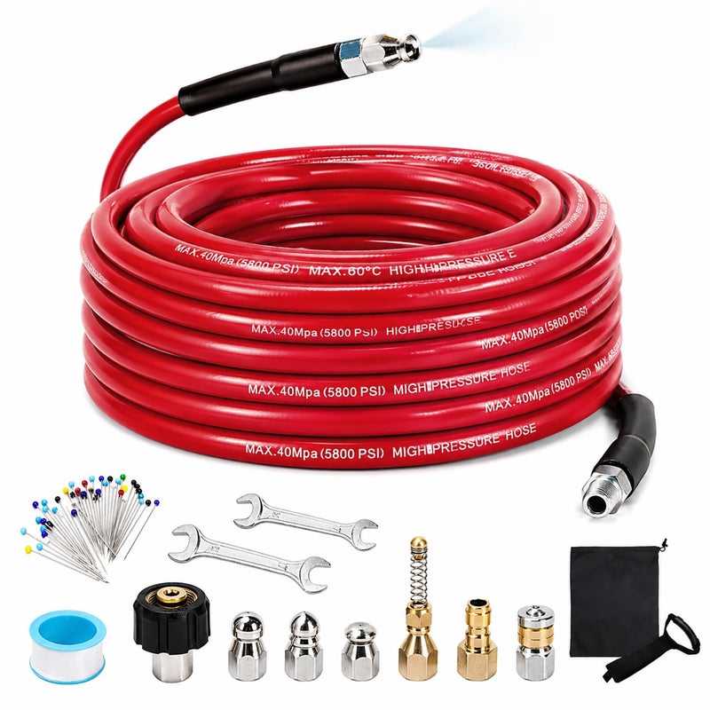 SEPLY Sewer Jetter Kit for Pressure Washer 50FT 5800 PSI Drain Cleaner Hose with 14 NPT Corner Rotating and Button Hose Sewer Jetting Nozzle Waterproof Tape Pearl Corsage Pin Spanner Glove - Image 2
