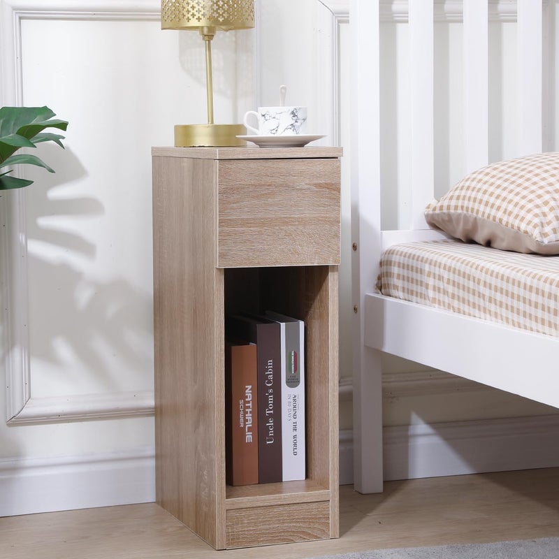 Pantanal Slim Wood Bedside Table Bedroom Nightstand with Shelf and Drawer Narrow Bathroom Small Floor Storage Cabinet Living Room End Table Sofa Side Table Walnut