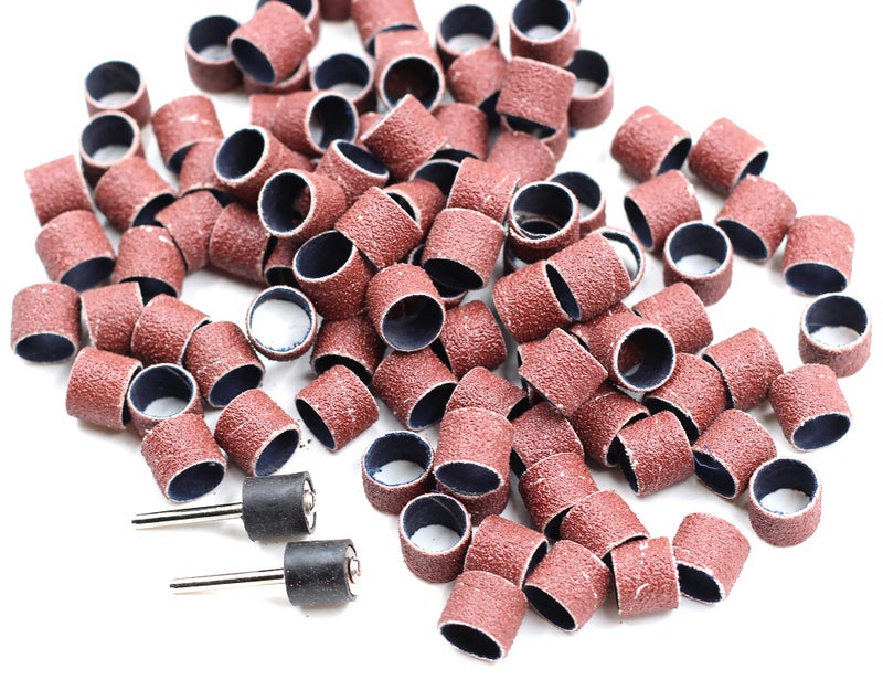 Preamer 100 Pics Dia 1/2" Sanding Drum Sleeves Set Sand Bands with 2 Mandrel for Pet Dog Nail Grinder Heads Rotary Tool Bits Jewelry Light Polishing Abrasive Tools, Grit 80 - Image 1