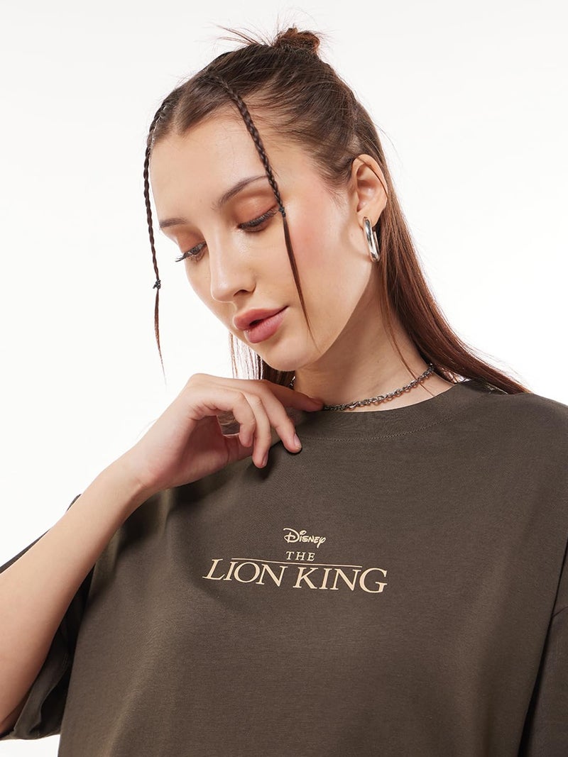 Bewakoof Official Disney Merchandise Lion King Women's Graphic Printed Oversized Fit Half Sleeve Round Neck Pure Cotton T-Shirt_637472_Brown_L - Image 5