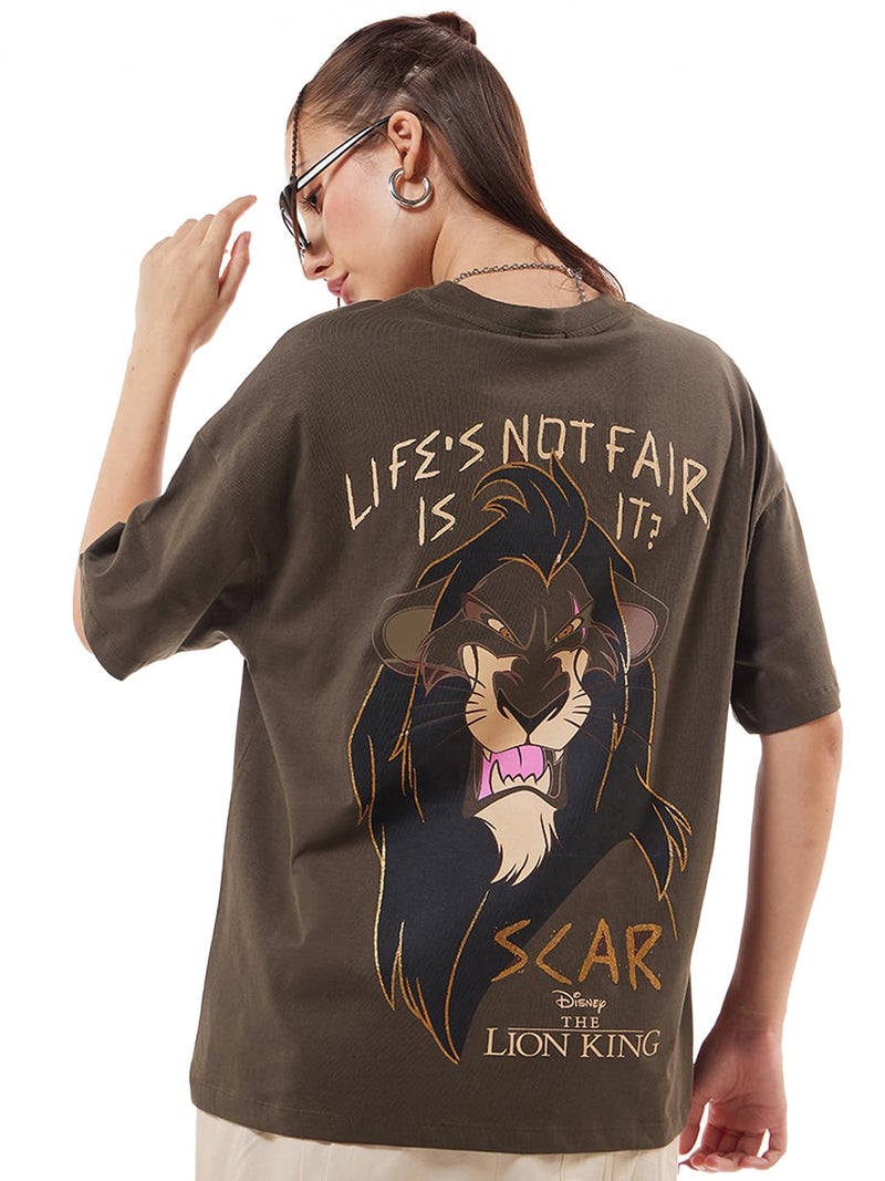 Bewakoof Official Disney Merchandise Lion King Women's Graphic Printed Oversized Fit Half Sleeve Round Neck Pure Cotton T-Shirt_637472_Brown_L - Image 1