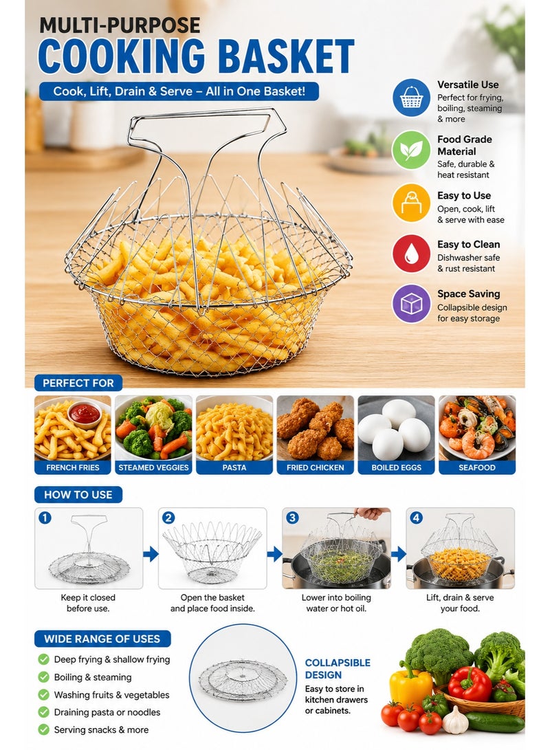 vsell24 Silver Stainless Steel Collapsible Multi-Purpose Fry Strainer Basket for Deep Frying & Draining - Image 2