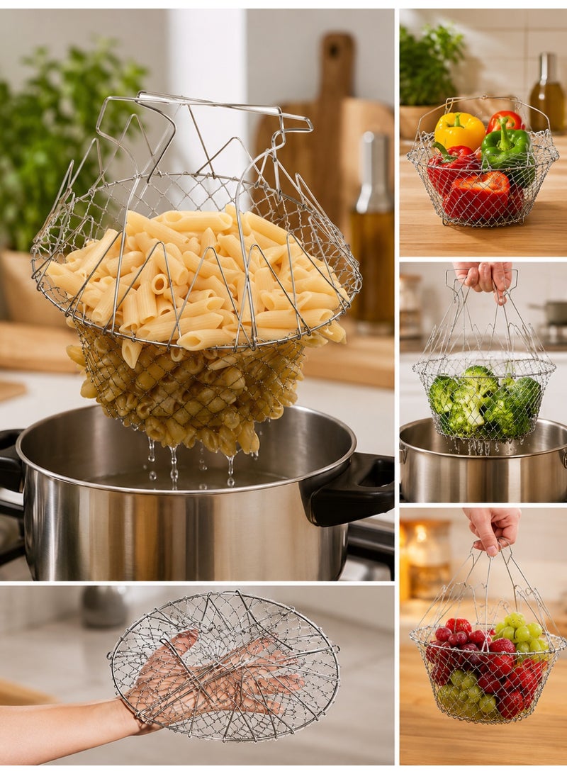 vsell24 Silver Stainless Steel Collapsible Multi-Purpose Fry Strainer Basket for Deep Frying & Draining - Image 3