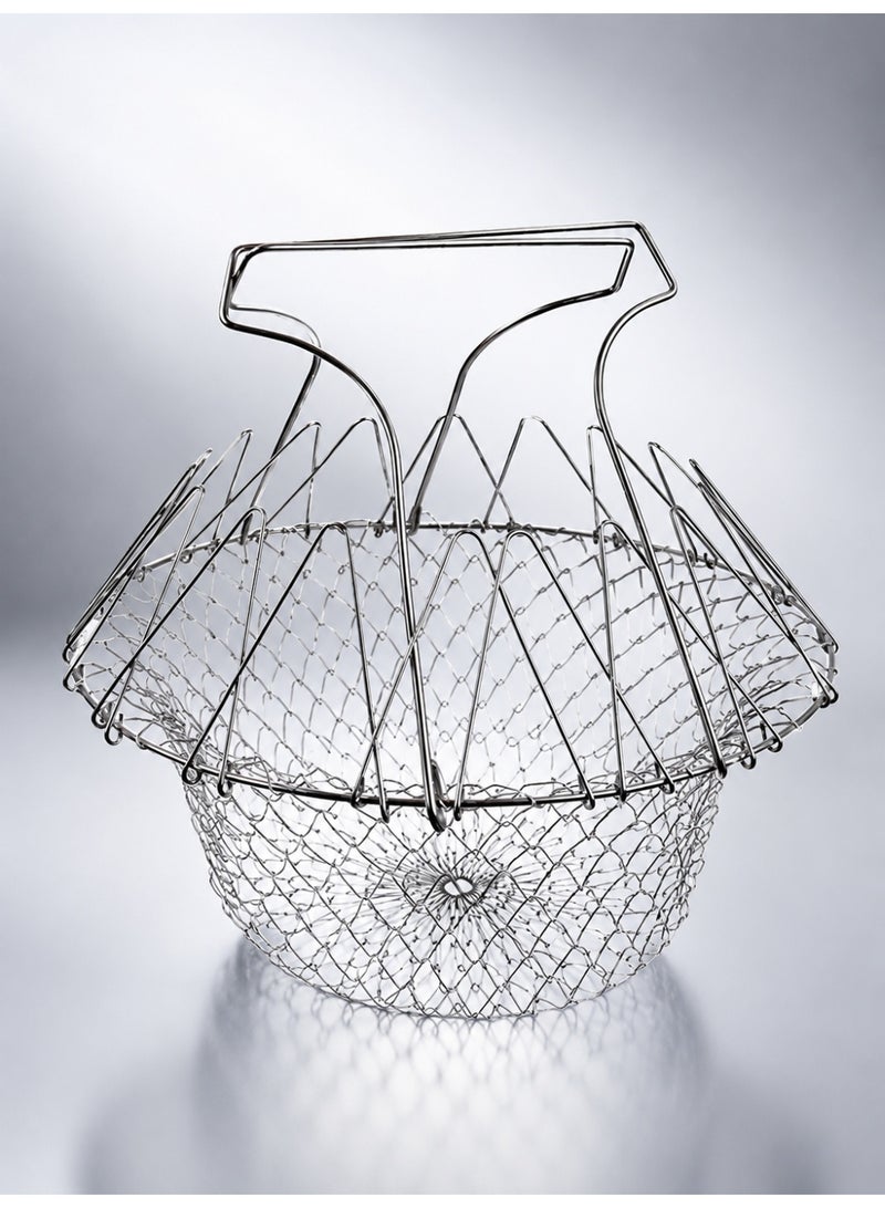vsell24 Silver Stainless Steel Collapsible Multi-Purpose Fry Strainer Basket for Deep Frying & Draining - Image 1