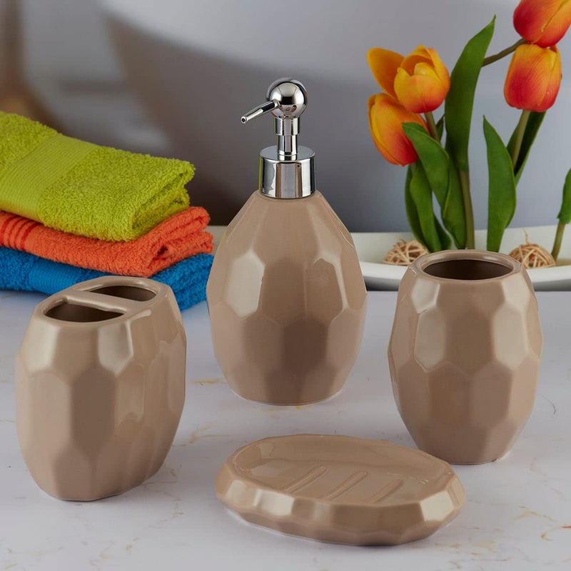 Kookee Ceramic Bathroom Set - Stylish 4 Piece Bath Accessories Kit with Soap Dispenser, Toothbrush Holder, Tumbler & Soap Dish - Modern & Designer Decor for Home & Guest Bathrooms, Brown (8107) - Image 4