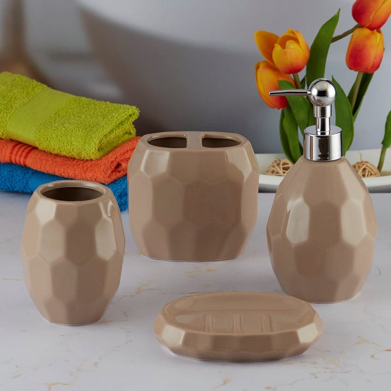 Kookee Ceramic Bathroom Set - Stylish 4 Piece Bath Accessories Kit with Soap Dispenser, Toothbrush Holder, Tumbler & Soap Dish - Modern & Designer Decor for Home & Guest Bathrooms, Brown (8107) - Image 3