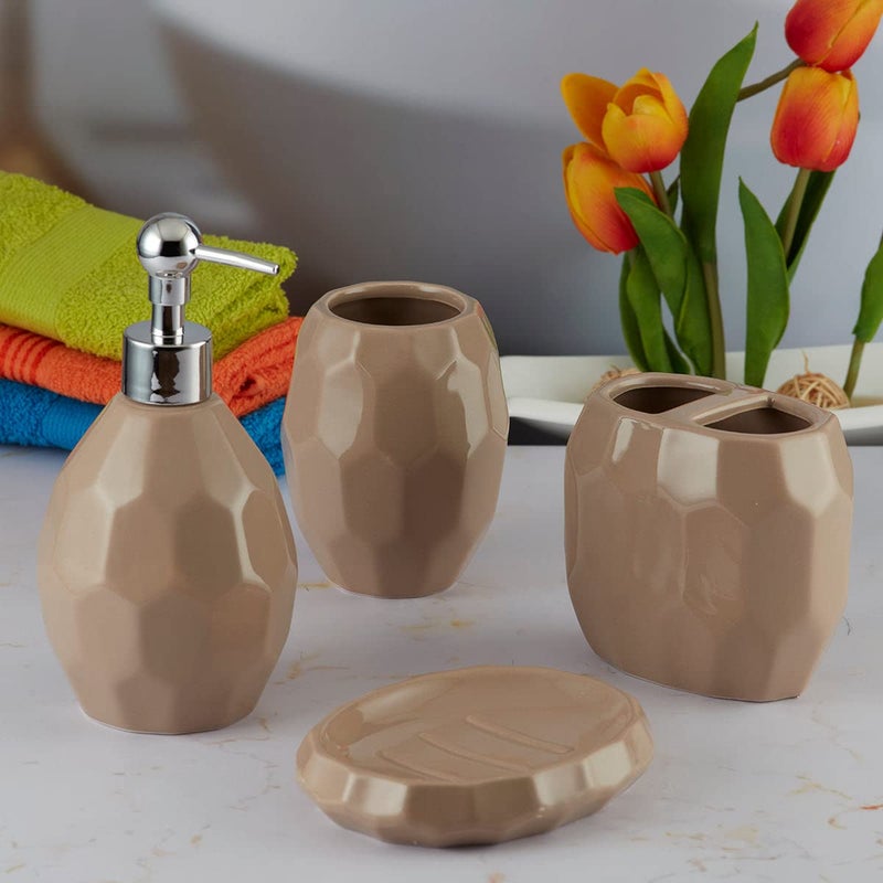 Kookee Ceramic Bathroom Set - Stylish 4 Piece Bath Accessories Kit with Soap Dispenser, Toothbrush Holder, Tumbler & Soap Dish - Modern & Designer Decor for Home & Guest Bathrooms, Brown (8107) - Image 2