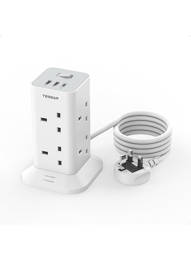 TESSAN Tower Extension Lead with USB C Slots, 8 Way Multi Plug Extension Sockets 2M Cord, Surge Protected Extension Lead with Switch, Multi Extension Plug Tower Power Strip for Home, School Supplies - Image 1