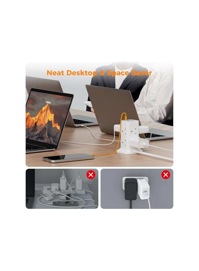 TESSAN Tower Extension Lead with USB C Slots, 8 Way Multi Plug Extension Sockets 2M Cord, Surge Protected Extension Lead with Switch, Multi Extension Plug Tower Power Strip for Home, School Supplies - Image 4
