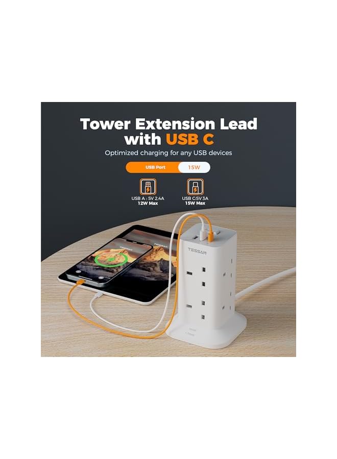 TESSAN Tower Extension Lead with USB C Slots, 8 Way Multi Plug Extension Sockets 2M Cord, Surge Protected Extension Lead with Switch, Multi Extension Plug Tower Power Strip for Home, School Supplies - Image 3