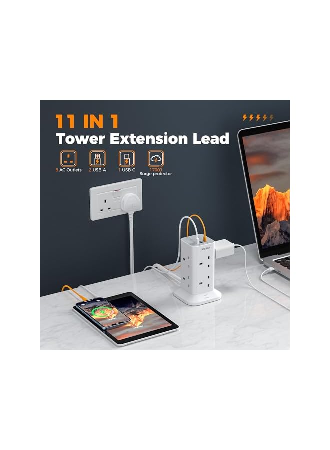 TESSAN Tower Extension Lead with USB C Slots, 8 Way Multi Plug Extension Sockets 2M Cord, Surge Protected Extension Lead with Switch, Multi Extension Plug Tower Power Strip for Home, School Supplies - Image 2