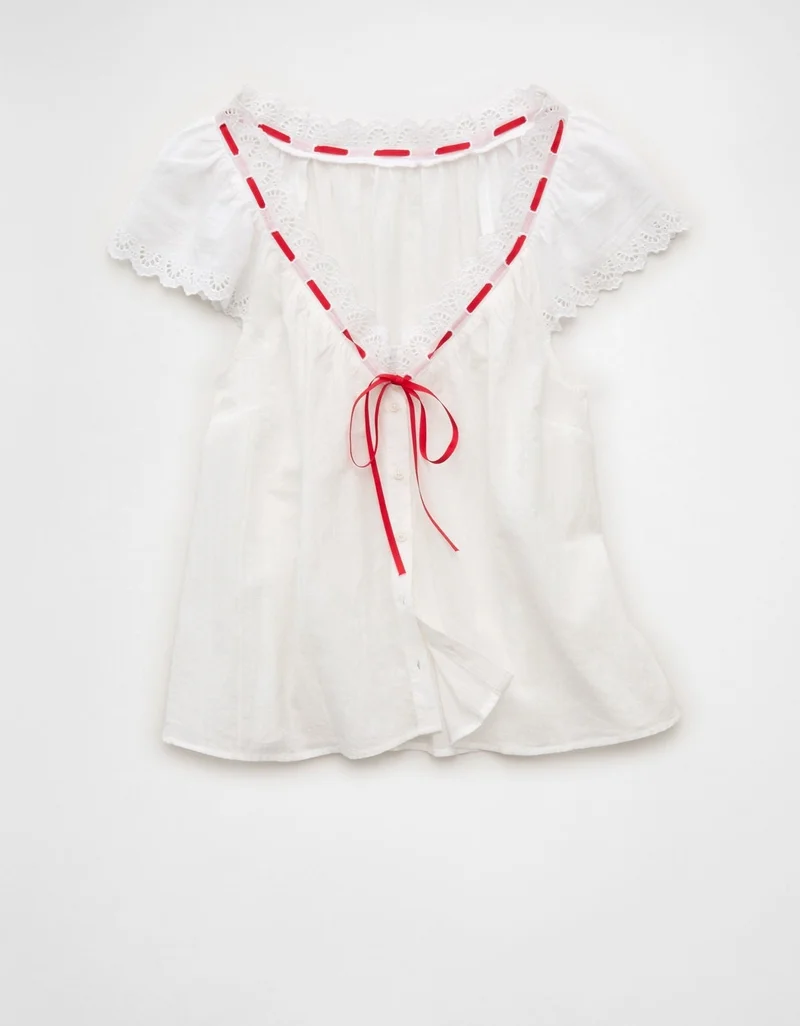 American Eagle  AE Short-Sleeve Ribbon Blouse for Women | Best Price UAE
