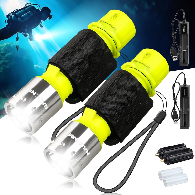NAKCNM Diving Flashlight with Rechargeable Power, Scuba Dive Light Super Bright, Underwater Flashlights IPX8 Waterproof 3 Modes Dive Torch for Outdoor Diving Emergency(2 Pack) - Image 1