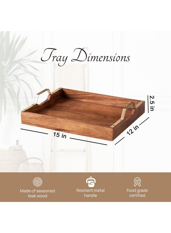Nestroots Wooden Serving Tray with Golden Finish Handle|Brown Wooden Brown Wooden| Stylish Multipurpose Tray for Dining, Kitchen & Home Dcor (15 Inches) - Image 2