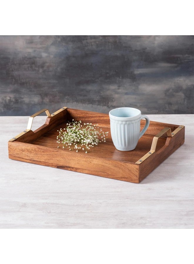 Nestroots Wooden Serving Tray with Golden Finish Handle|Brown Wooden Brown Wooden| Stylish Multipurpose Tray for Dining, Kitchen & Home Dcor (15 Inches) - Image 1