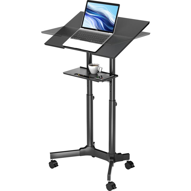 1home BONTEC Lecterns  Podiums Portable Mobile Standing Laptop Desk Sit Stand Height Adjustable Home Office Classroom Pulpit Stand Up Desk Workstation Rolling Table Laptop Cart with Storage Tray