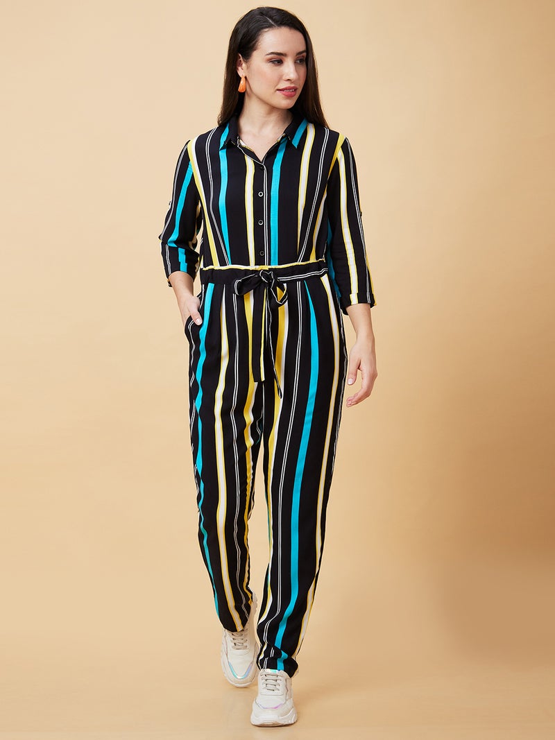 globus Globus Women Striped Shirt Collar Basic Jumpsuit  - Image 2