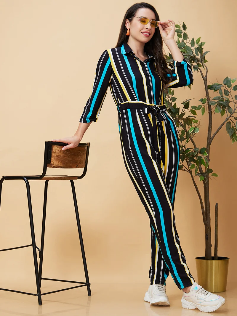 globus Women Striped Shirt Collar Basic Jumpsuit