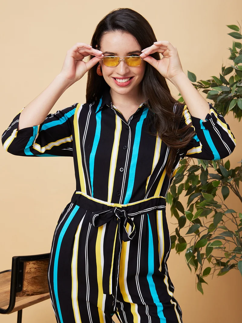 globus Women Striped Shirt Collar Basic Jumpsuit