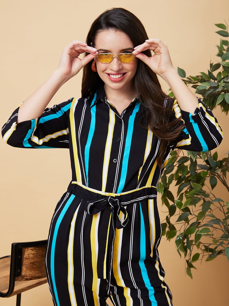 globus Globus Women Striped Shirt Collar Basic Jumpsuit  - Image 1