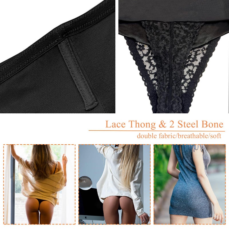 Werena Tummy Control Thong Shapewear for Women Mid High Waisted Body Shaper Underwear Lace Shaping Thong Girdle Panties(#A1 Mid Rise Black,Small) - Image 4