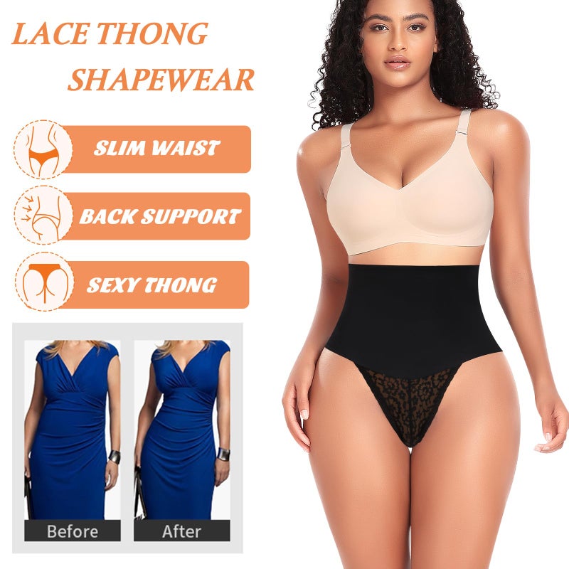 Werena Tummy Control Thong Shapewear for Women Mid High Waisted Body Shaper Underwear Lace Shaping Thong Girdle Panties(#A1 Mid Rise Black,Small) - Image 3