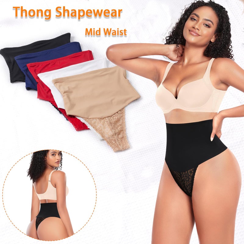 Werena Tummy Control Thong Shapewear for Women Mid High Waisted Body Shaper Underwear Lace Shaping Thong Girdle Panties(#A1 Mid Rise Black,Small) - Image 2