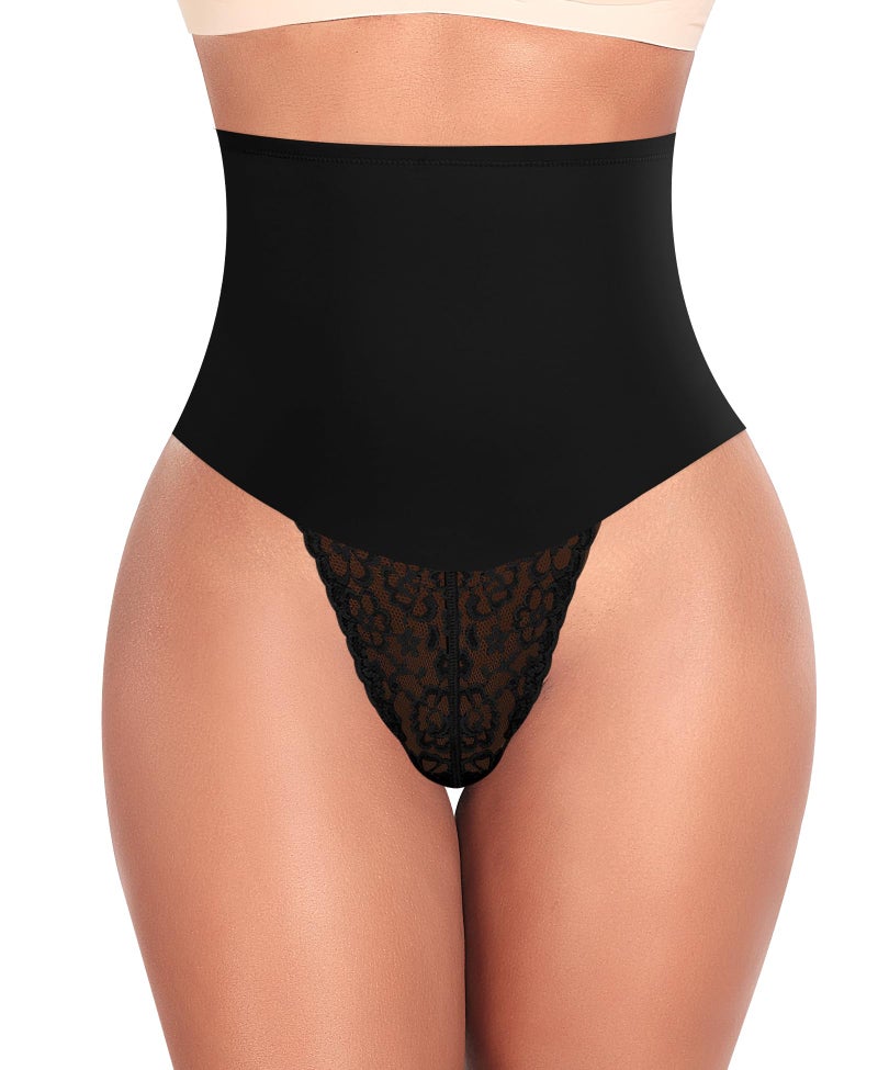 Werena Tummy Control Thong Shapewear for Women Mid High Waisted Body Shaper Underwear Lace Shaping Thong Girdle Panties(#A1 Mid Rise Black,Small) - Image 1