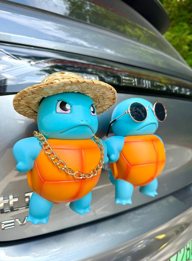 Adorable Squirtle Car Ornament - 16CM Creative Backseat Hanging Decor with Sunglasses, Straw Hat, Gold Chain, Easy-Fit Adhesive  - Image 2