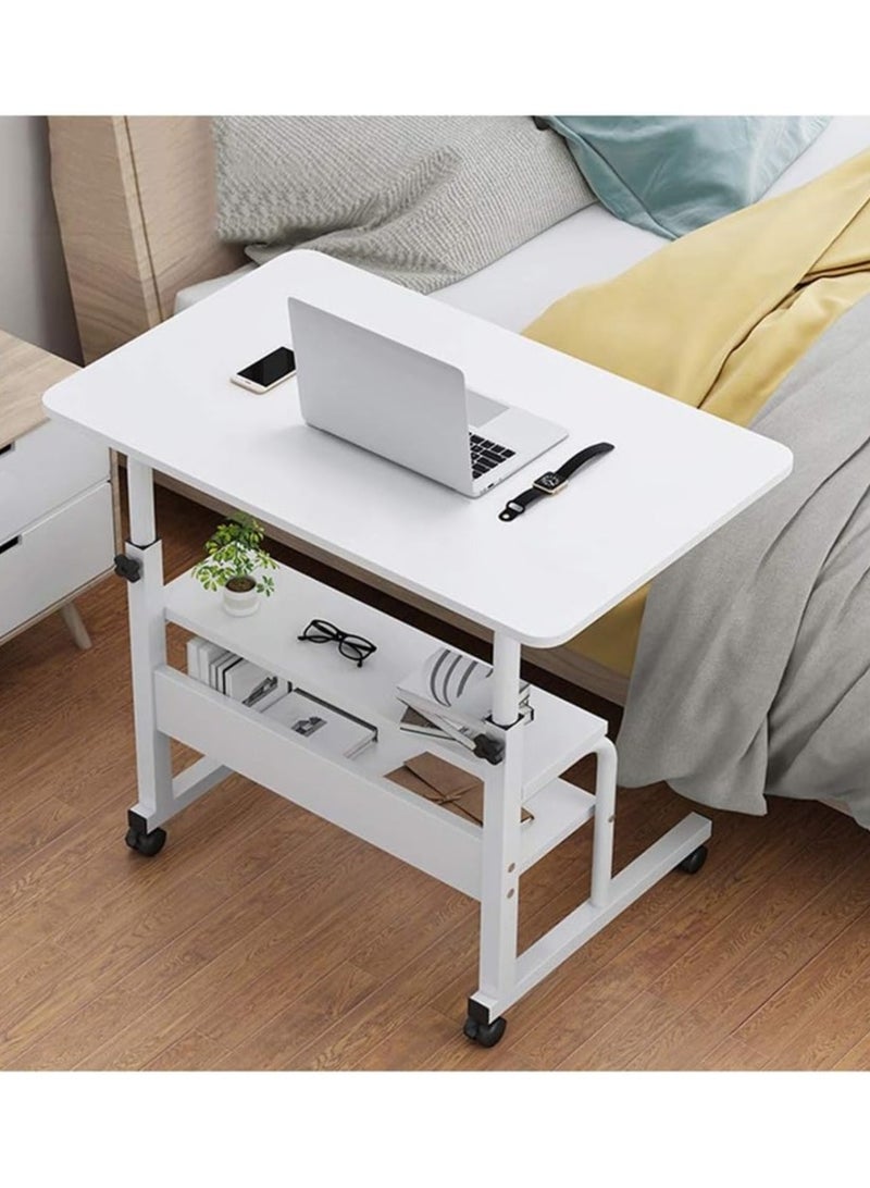 DubaiGallery Adjustable Side Bed Table Mobile Laptop Desk Cart with Storage Shelf Overbed Tray Table with Wheels Computer Writing Desk