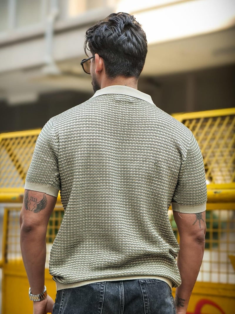 Maniac Mens Grid Textured Green & Beige Polo Neck Half Sleeve Cotton Tshirt - Image 4