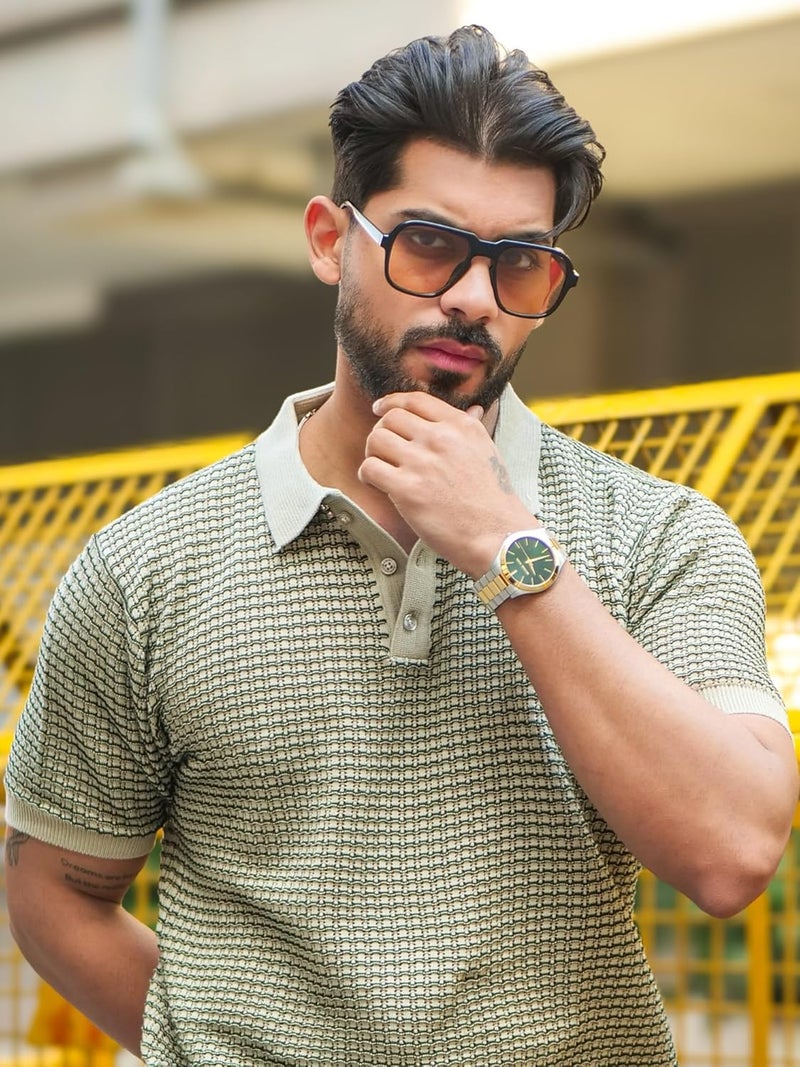 Maniac Mens Grid Textured Green & Beige Polo Neck Half Sleeve Cotton Tshirt - Image 2