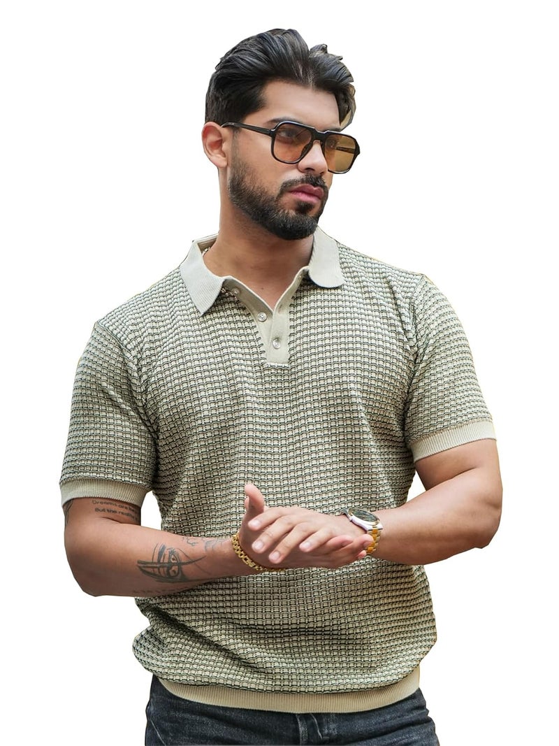 Maniac Mens Grid Textured Green & Beige Polo Neck Half Sleeve Cotton Tshirt - Image 1